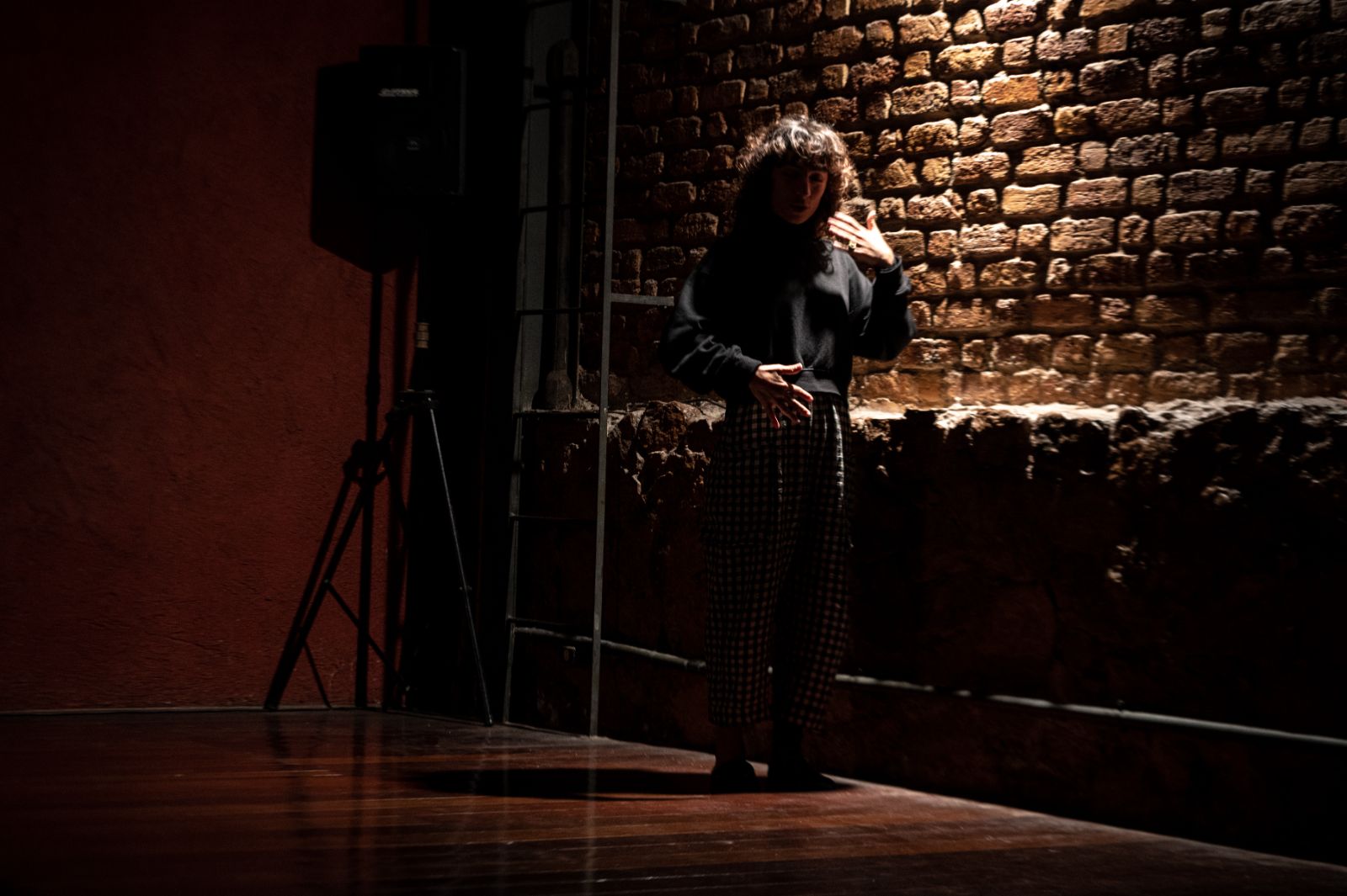 Atriz em cena sob luz baixa, diante de parede de tijolos